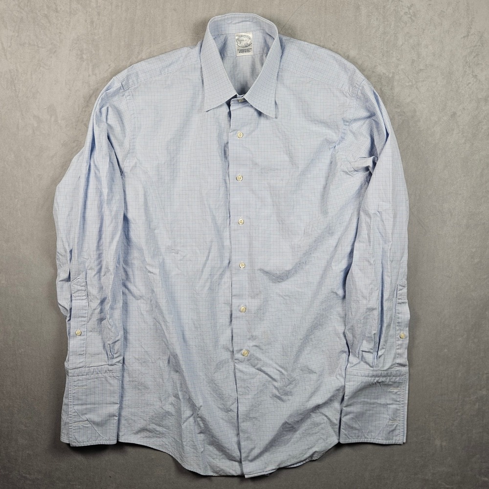 Vintage Brooks Brothers Dress Shirt Mens 17.5/35 Blue Micro Check Button Up USA